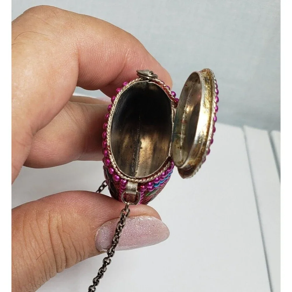 Vintage Tibetan Metal Cash Pill Stash Pouch Red Amulet Tincture Dangler 32" RARE - Picture 7 of 15